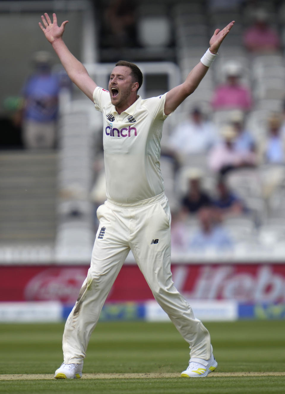 England's Ollie Robinson appeals after bowling during the first day of the Test match between England and New Zealand at Lord's cricket ground in London, Wednesday, June 2, 2021. (AP Photo/Kirsty Wigglesworth)