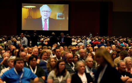 Warren Buffett, CEO of Berkshire Hathaway Inc is seen on a screen at the company's annual meeting in Omaha, Nebraska, U.S., May 5, 2018. REUTERS/Rick Wilking