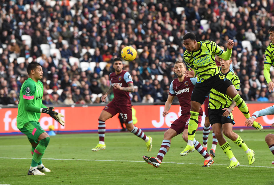 LONDON, ENGLAND - FEBRUARY 11: Gabriel scores the 3rd Arsenal goal during the Premier League match between West Ham United and Arsenal FC at London Stadium on February 11, 2024 in London, England. (Photo by Stuart MacFarlane/Arsenal FC via Getty Images)