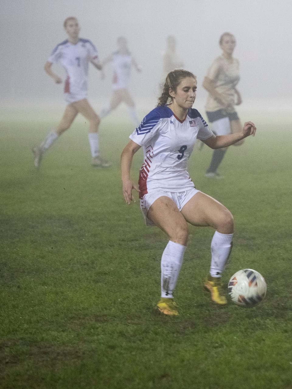 Pace High School's Berkleigh Jernigan (No.9) controls the ball and goes on the attack against GUlf Breeze during the District 1-6A girls' soccer tournament on Tuesday, Jan. 31, 2023. 