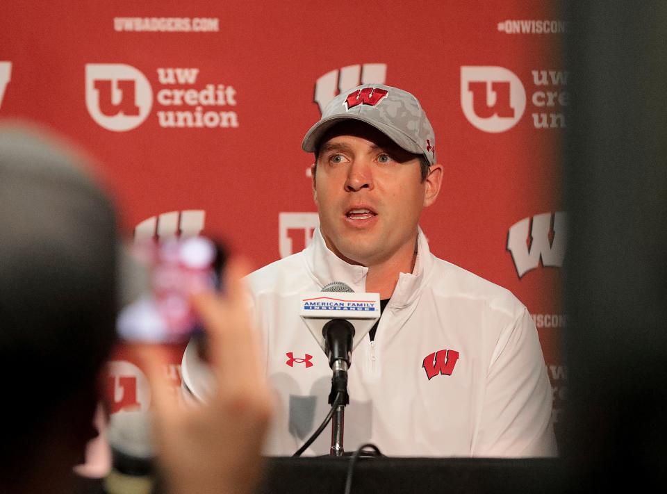 University of Wisconsin football defensive coordinator Jim Leonhard addresses reporters during a news conference that announced the firing of head coach Paul Chryst on Sunday, Oct. 2, in Madison. Leonhard was named interim head coach.