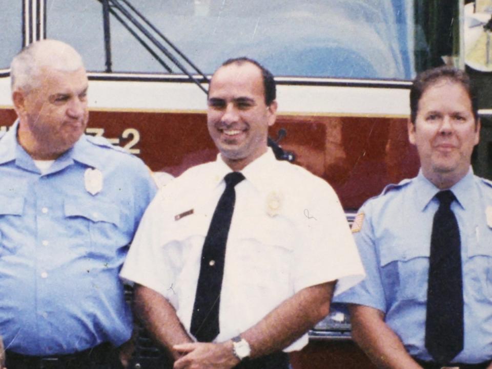 Corey Comperatore, center, was a former volunteer chief firefighter in Buffalo Township, Pennsylvania. In July 2024 he was shot dead when a gunman opened fire on Donald Trump at a rally. His widow hs now revealed his final words (Buffalo Township Volunteer Fire Dept via REUTERS)