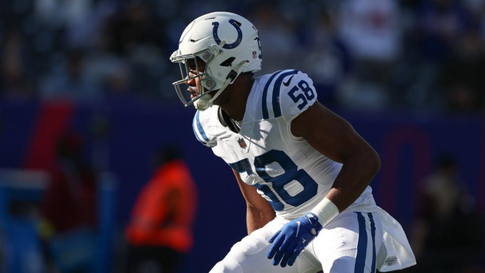 Jan 1, 2023; East Rutherford, New Jersey, USA; Indianapolis Colts linebacker Bobby Okereke (58) warms up before the game against the New York Giants at MetLife Stadium. Mandatory Credit: Vincent Carchietta-USA TODAY Sports