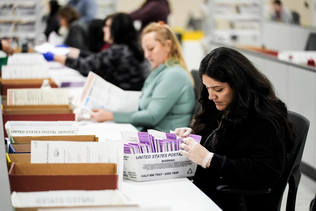 Ballots are inspected at a ballot processing center on March 5, 2024, in Industry, Calif. (Marcio Jose Sanchez / AP)