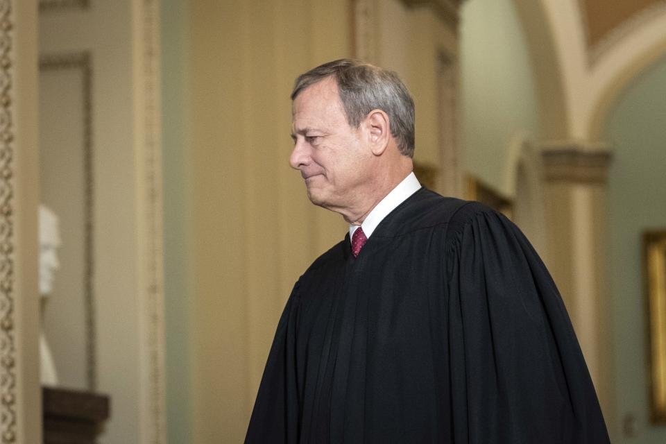 Supreme Court Chief Justice John Roberts arrives at the Senate chamber for impeachment proceedings on Jan. 16, 2020, in Washington.
