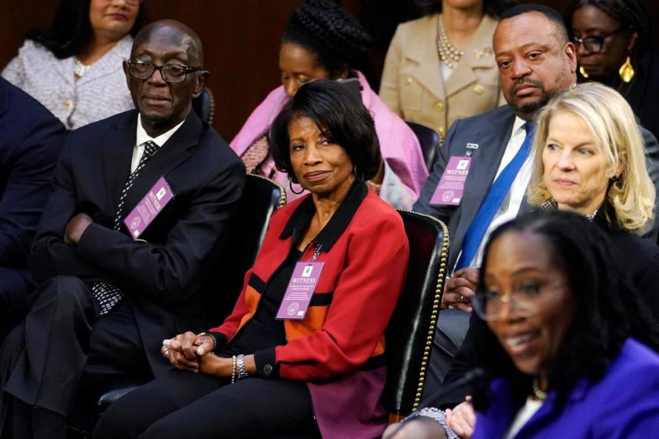 Supreme Court nominee Judge Ketanji Brown Jackson’s parents Johnny and Ellery Brown, sit together in the front row during Judge Ketanji Brown Jackson’s confirmation hearing before the Senate Judiciary Committee Monday, March 21, 2022, on Capitol Hill in Washington.