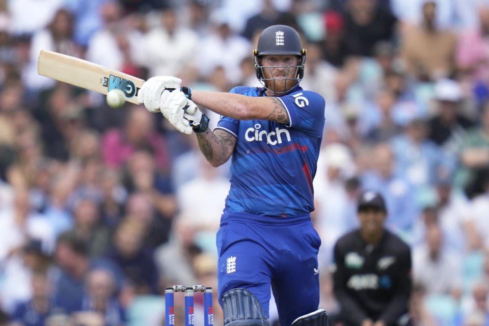 England's Ben Stokes plays a shot off the bowling of New Zealand's Lockie Ferguson during the One Day International cricket match between England and New Zealand at The Oval cricket ground in London, Wednesday, Sept. 13, 2023. (AP Photo/Kirsty Wigglesworth)