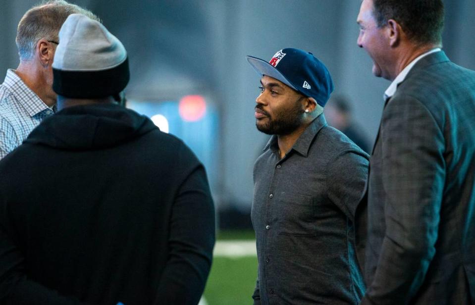 In January, former Panthers wide receiver Steve Smith talked with attendees before Matt Rhule’s first press conference as the Carolina Panthers’ newest head coach.
