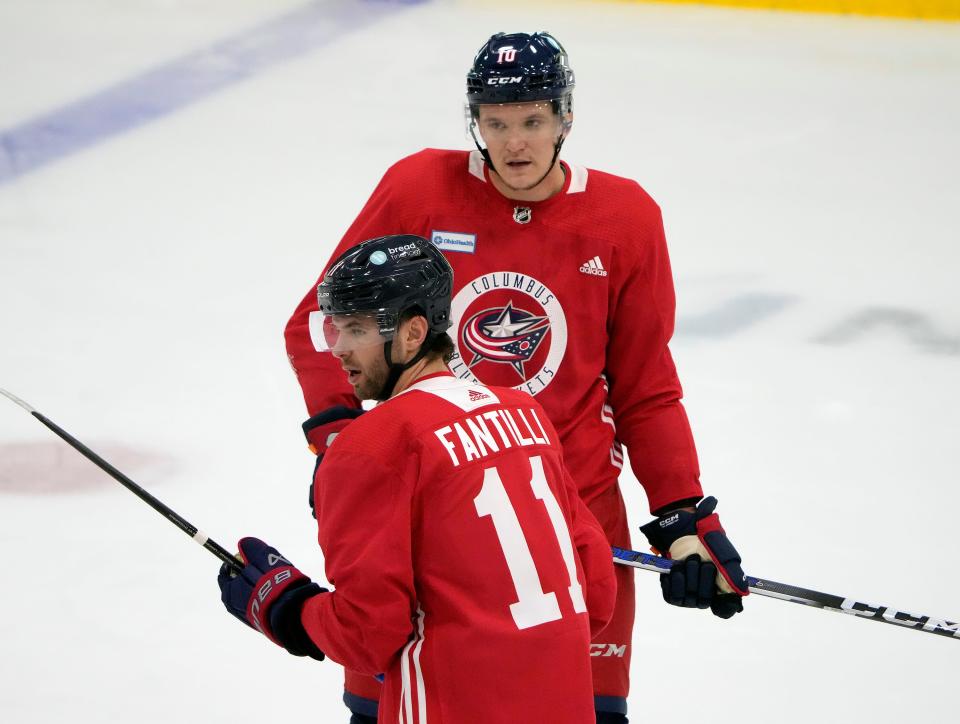 Sep 13, 2023; Columbus, OH, USA; Columbus Blue Jackets prospects Adam Fantilli and Dmitri Voronkov during practice at the Ice Haus.