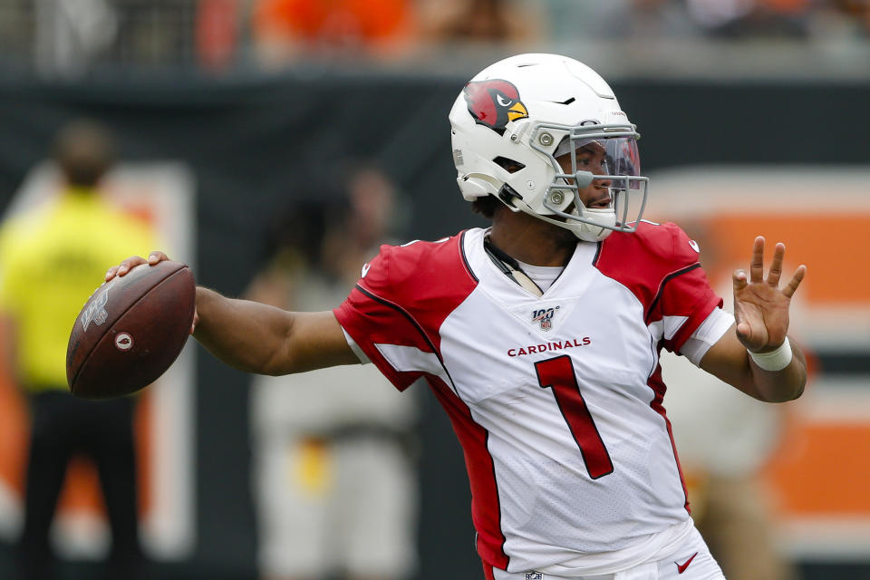 Arizona Cardinals quarterback Kyler Murray looks to throw in the first half of an NFL football game against the Cincinnati Bengals, Sunday, Oct. 6, 2019, in Cincinnati. (AP Photo/Gary Landers)