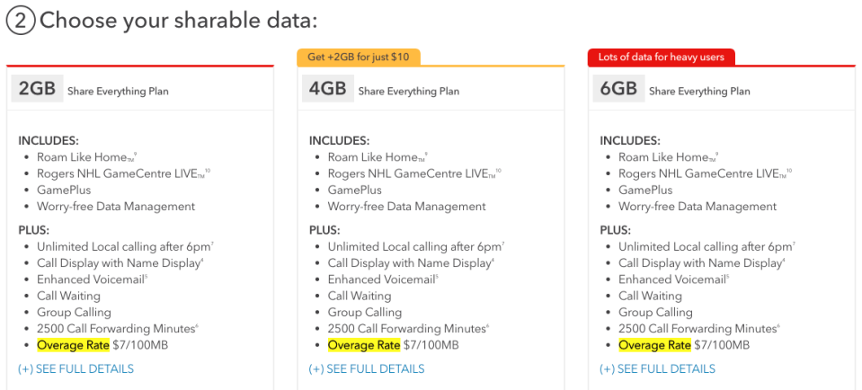 The Rogers website shows the new overage fee now implemented on new plans. (Rogers)