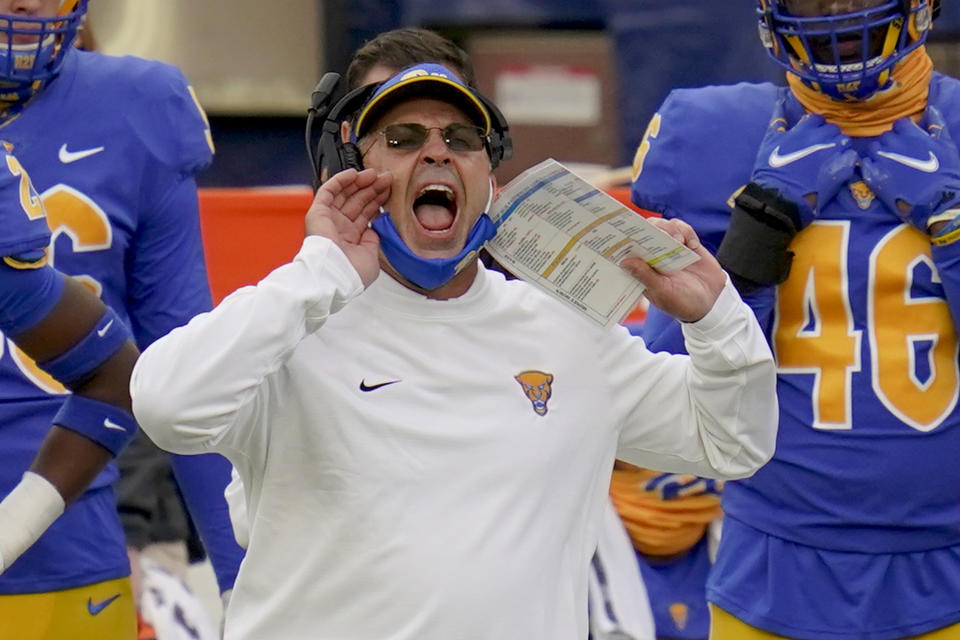 FILE - Pittsburgh head coach Pat Narduzzi yells to his team as they play against North Carolina State during the first half of an NCAA college football game in Pittsburgh, in this Saturday, Oct. 3, 2020, file photo. Pittsburgh has long considered itself “RB U,” a testament to the school’s long tradition of producing high-profile running back. Not so much lately. (AP Photo/Keith Srakocic, File)