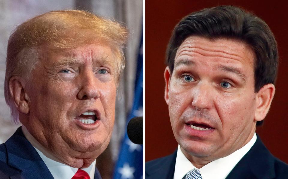 This combination of photos shows former President Donald Trump, left, and Florida Gov. Ron DeSantis, right.