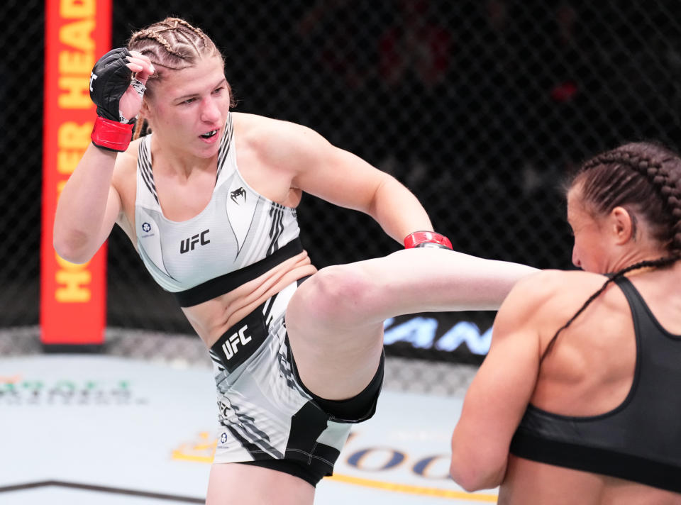 LAS VEGAS, NEVADA – NOVEMBER 05: (L-R) Miranda Maverick kicks Shanna Young in a flyweight fight during the UFC Fight Night event at UFC APEX on November 05, 2022 in Las Vegas, Nevada. (Photo by Chris Unger/Zuffa LLC)