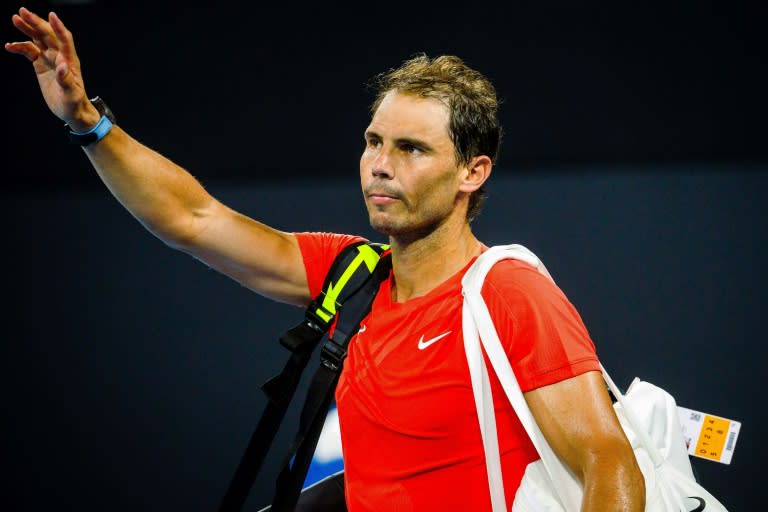 Rafael Nadal après sa défaite contre l'Australien Jordan Thompson au troisième tour du tournoi de Brisbane le 5 janvier 2024. L'Espagnol n'a plus rejoué depuis sur le circuit officiel mais est annoncé au tournoi ATP 500 de Barcelone (15-21 avril) (Patrick HAMILTON)