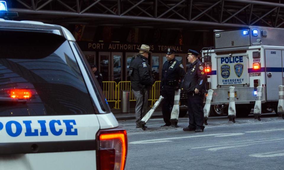 police stand guard in front of the port authority bus terminal