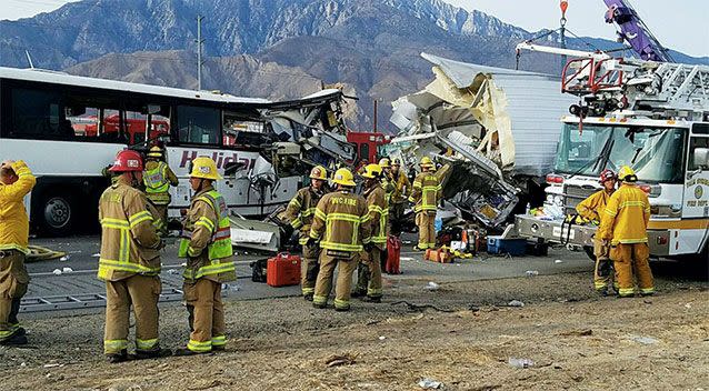 The scene of a fatal crash between a tour bus and a semi-truck in California. Picture: KMIR-TV via AP)