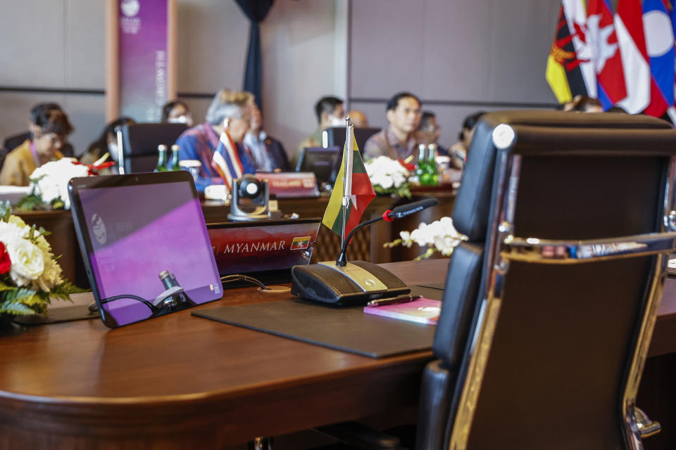 The desk reserved for a Myanmar delegate is left unoccupied during the Association of Southeast Asian Nations (ASEAN) Foreign Ministers' Meeting ahead of the 42nd ASEAN Summit in Labuan Bajo, East Nusa Tenggara, Indonesia, Tuesday, May 9, 2023. (Mast Irham/Pool Photo via AP)