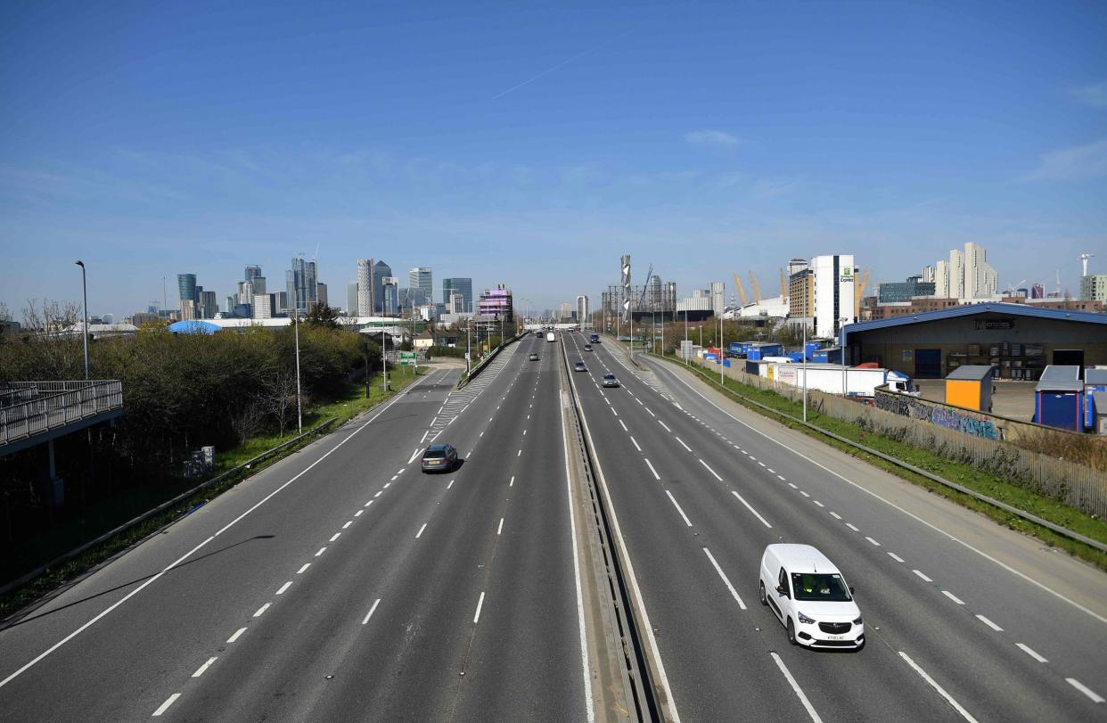 A small amount of traffic travels on the Blackwall Tunnell Southern Approach on the A102 road south east of London: AFP via Getty Images