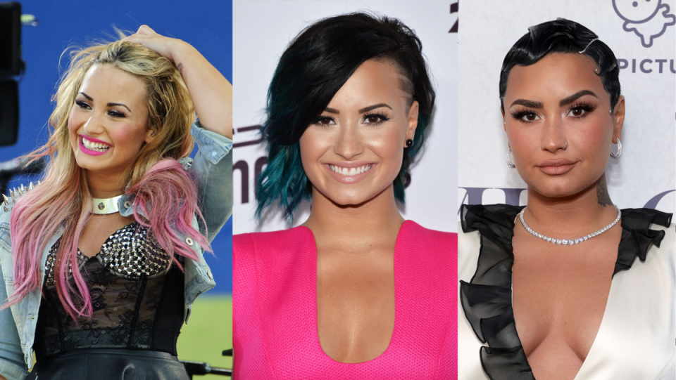 From left to right, Demi Lovato's hair in 2012, 2014 and 2021.<p>Photos: Debra L Rothenberg/FilmMagic, Amanda Edwards/WireImage, Rich Fury/Getty Images for OBB Media</p>