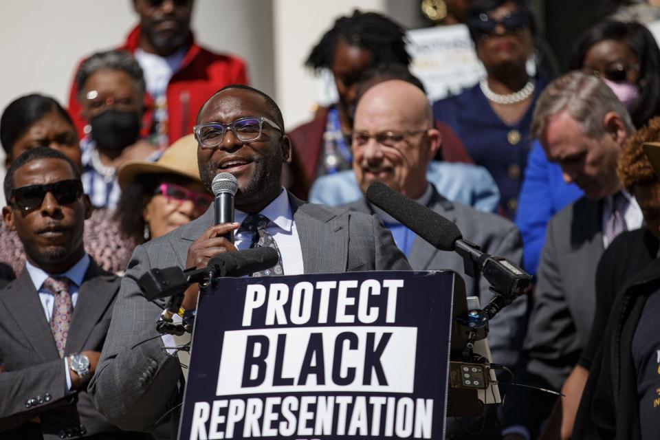 Sen. Shevrin Jones, D-Miami Gardens, speaks to a crowd in opposition of Gov. Ron DeSantis' proposed congressional redistricting map that was being taken up by lawmakers during a special session in April 2022.