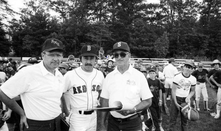 Bruce Wheeler, Jerry Remy and Jim Sullivan stand at the Bay State Baseball Camp held at then SMU.  Wheeler and Sullivan were the co-directors.