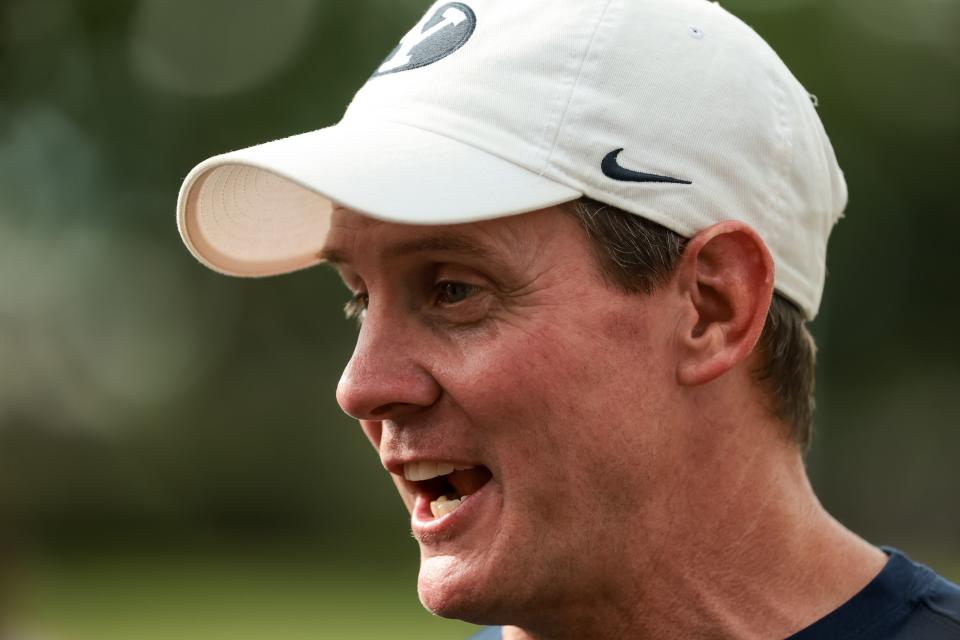 BYU Cougars football defensive coordinator Jay Hill talks to journalists after practice at Brigham Young University in Provo on Tuesday, Aug. 1, 2023. | Spenser Heaps, Deseret News