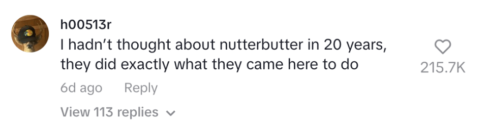 TikTok comment by user h00513r saying, "I hadn’t thought about nutterbutter in 20 years, they did exactly what they came here to do"