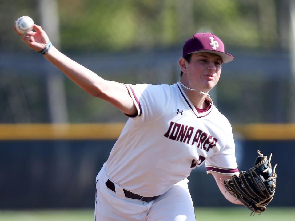 Iona's Marcel Kulik (2) pitching against Stepinac during baseball action at Iona Prep in New Rochelle April 20, 2023. Iona won the game.