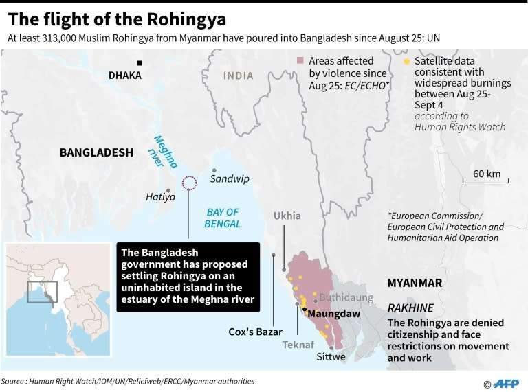 Map showing the area of Myanmar's Rakhine state affected by violence since late August, plus the area that Bangladeshi authorities are proposing to move Muslim Rohingya who have poured into the country to escape the violence