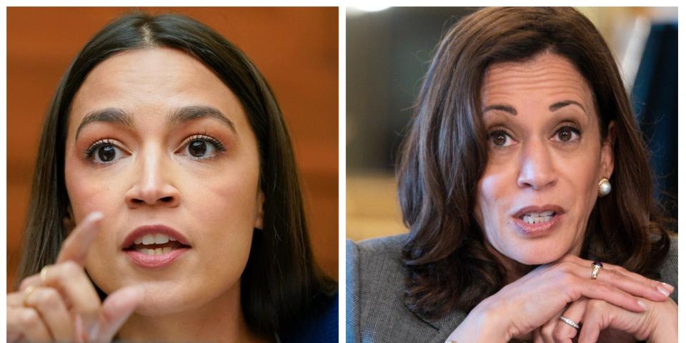 Composite image of Rep. Alexandria Ocasio-Cortez, left, and VP Kamala Harris, right