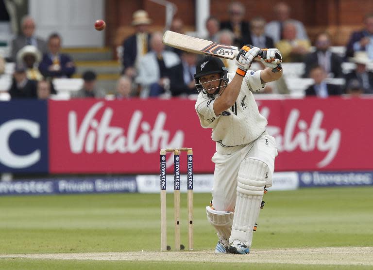 New Zealand's Bradley-John Watling hits a shot on the fifth day of the first cricket Test match between England and New Zealand at Lord's cricket ground in London on May 25, 2015