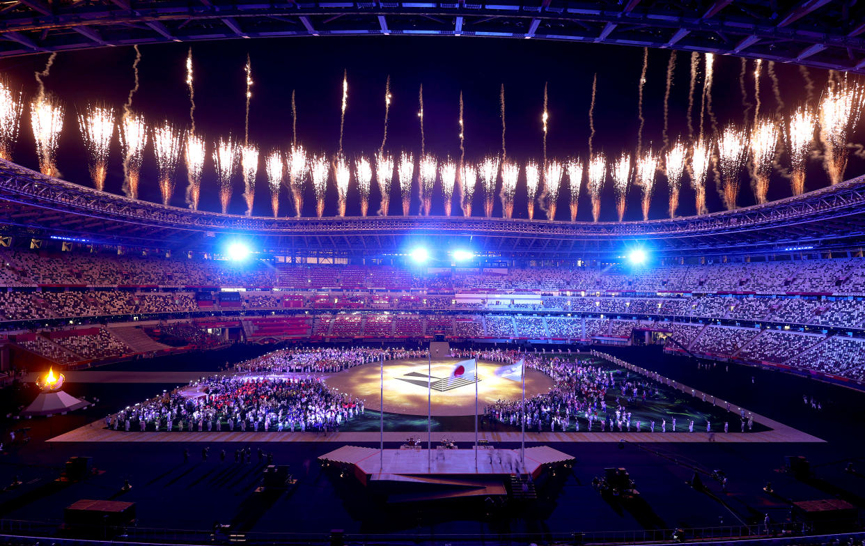 TOKYO, JAPAN - AUGUST 08: Fireworks erupt above the stadium during the Closing Ceremony of the Tokyo 2020 Olympic Games at Olympic Stadium on August 08, 2021 in Tokyo, Japan. (Photo by Alexander Hassenstein/Getty Images)