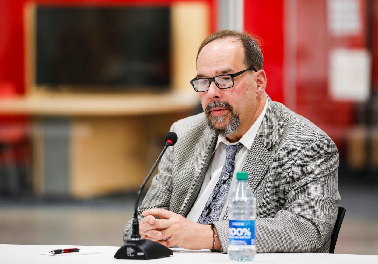 Candidate for Ozark School Board Jason Shaffer answers questions at a forum put on by the Ozark PTA on Tuesday, March 19, 2024.