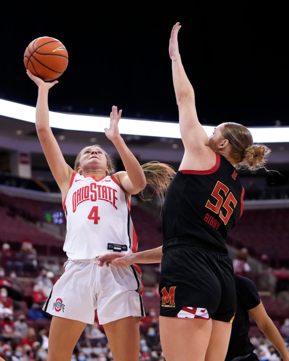 Ohio State Buckeyes guard Jacy Sheldon (4) shoots over Maryland Terrapins forward Chloe Bibby (55) during the second quarter of the NCAA women's basketball game at Value City Arena in Columbus on Thursday, Jan. 20, 2022.