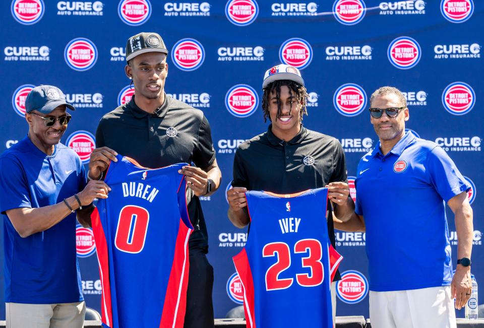 Detroit Pistons' center Jalen Duren, guard Jaden Ivey and GM Troy Weaver on June 24, 2022.