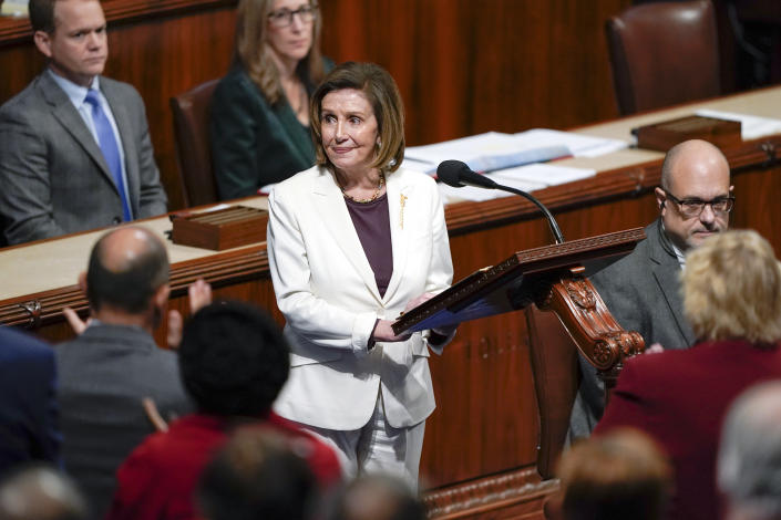 House Speaker Nancy Pelosi of Calif., acknowledges applauds from lawmakers after speaking on the House floor at the Capitol in Washington Thursday, Nov. 17, 2022. (AP Photo/Carolyn Kaster)