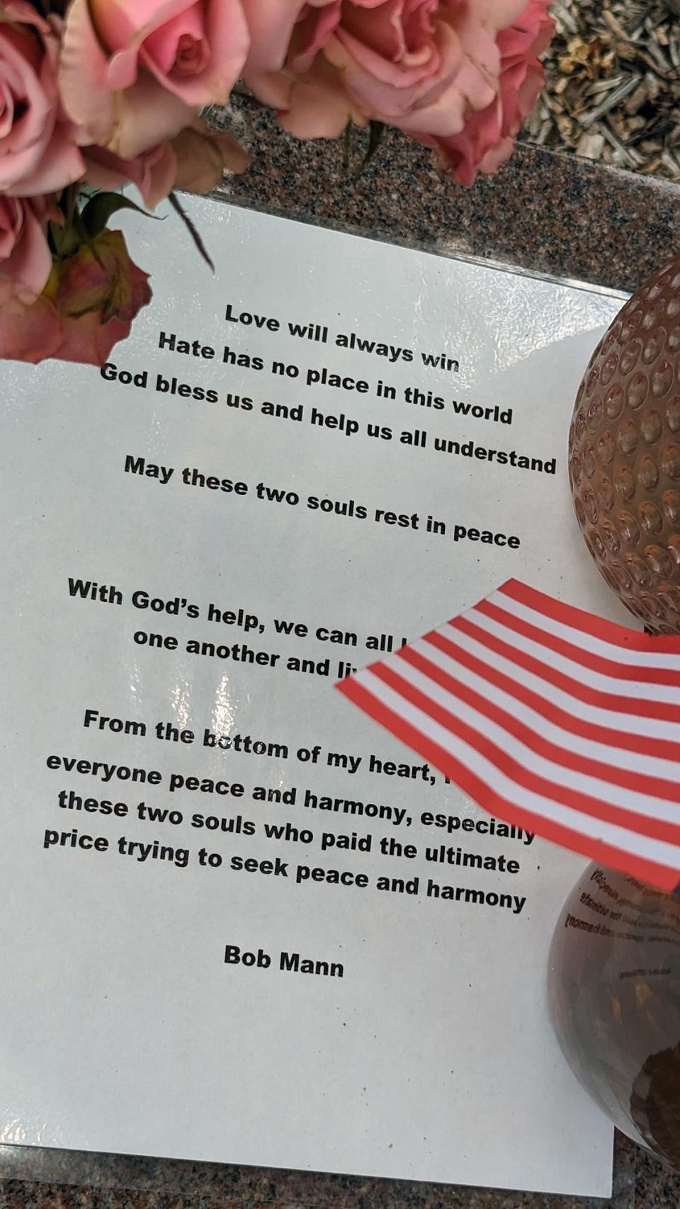 A memorial note placed on Lillie Belle Allen's bench by Bob Mann.