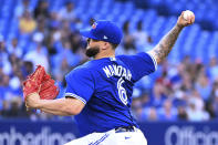 Toronto Blue Jays starting pitcher Alek Manoah throws to a Detroit Tigers batter during the first inning of a baseball game Friday, July 29, 2022, in Toronto. (Jon Blacker/The Canadian Press via AP)