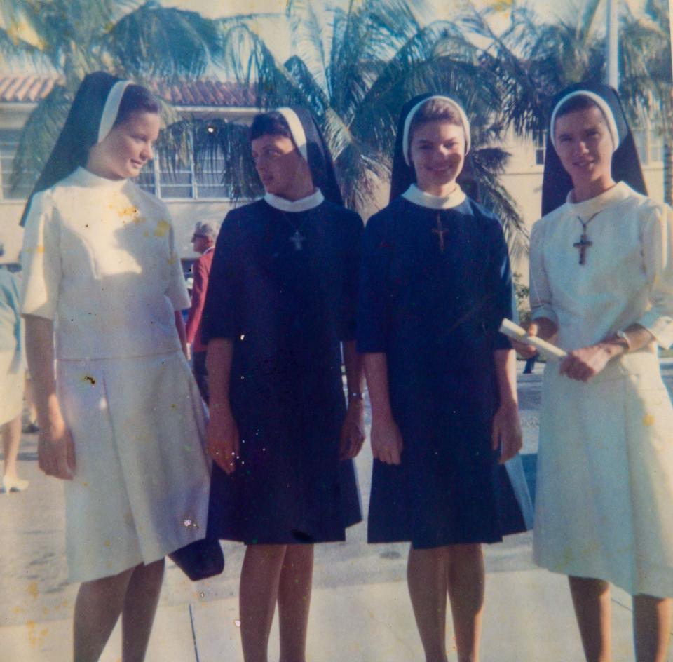 Sister Suzan Foster was in her first year of teaching, 1968-69, when this photo was taken at St. Mary's Cathedral School, Miami. She taught fourth grade at the school, then operated by the Sisters of St. Joseph. Left to right, with other teachers of the Archdiocese of Miami, are: Sister Ann Sidonia, Sister Marie Morel, Foster and Sister Marlene Payette.