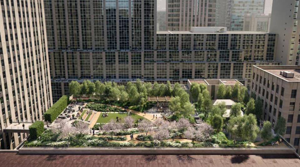 A green space on the roof of Radio City Music Hall, far removed from the bustle of the surrounding streets, can’t be seen from the sidewalk Rockefeller Center