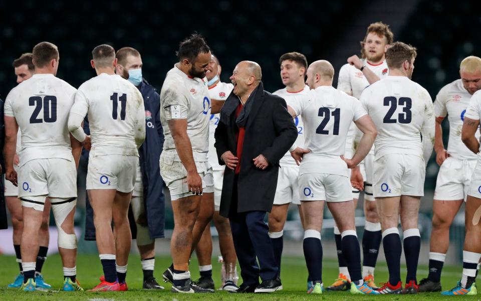 England's head coach Eddie Jones celebrates with England's Billy Vunipola after the Six Nations rugby union match between England and France at Twickenham - Exclusive: England’s summer Tests to be broadcast live on terrestrial television for first time since 1997 - AP