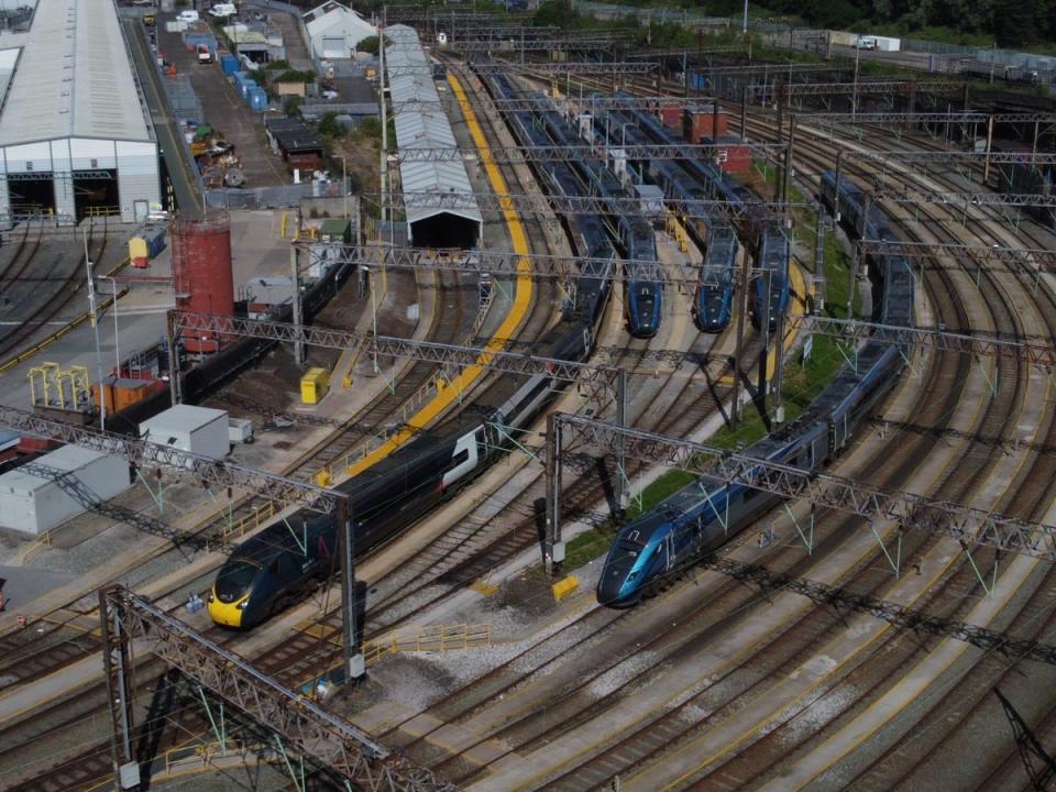 Trains stopped at Edge Hill Sidings in Wavertree Liverpool, as members of the Rail, Maritime and Transport union begin their nationwide strike in a bitter dispute over pay, jobs and conditions (Peter Byrne/PA) (PA Wire)