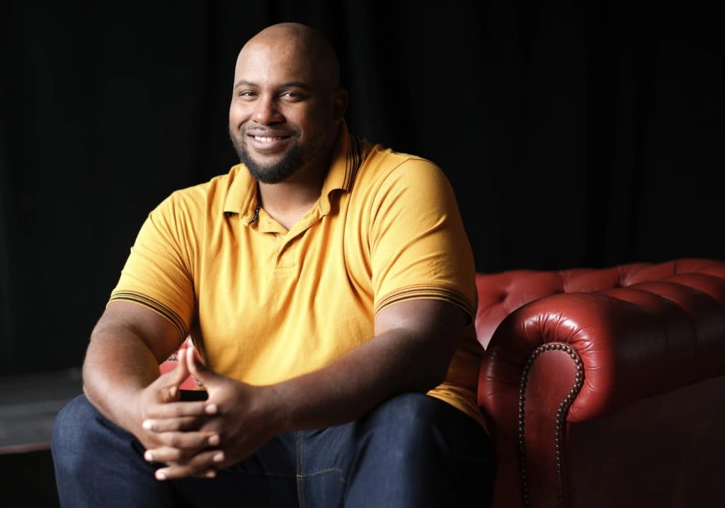 Author LaDarrion Williams poses for a portrait in Los Angeles on Thursday, April 25, 2024, to promote his book “Blood at the Root.” (AP Photo/Chris Pizzello)