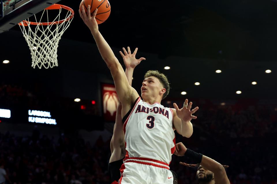 Arizona Wildcats guard Pelle Larsson (3) shoots a basket against the Colorado Buffaloes during the second half at McKale Center Jan. 4, 2024, in Tucson, Arizona.