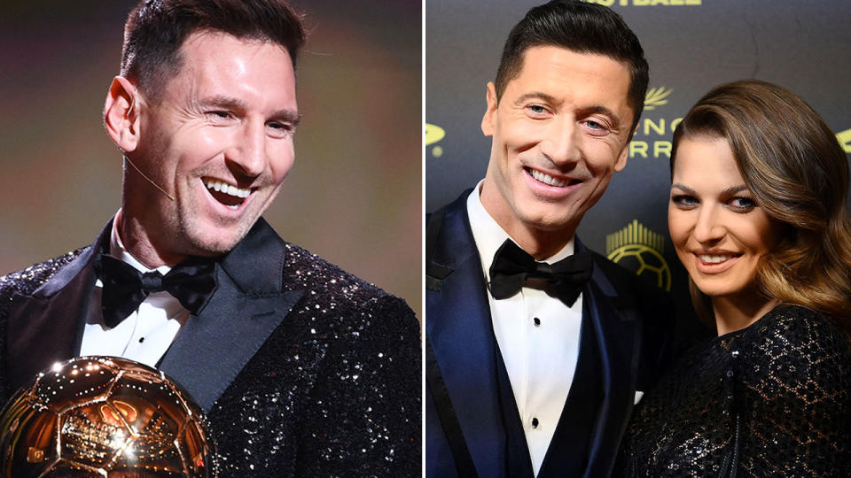 Pictured left, Lionel Messi won his seventh Ballon d'Or award, with Robert Lewandowski and his wife on the right.