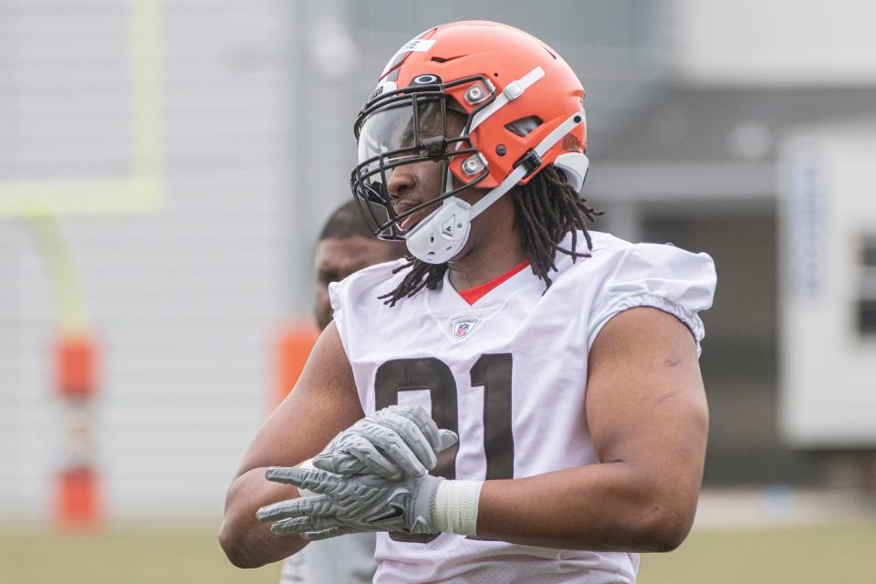 Browns rookie Isaiah McGuire prepares for a drill May 13 during rookie minicamp in Berea.