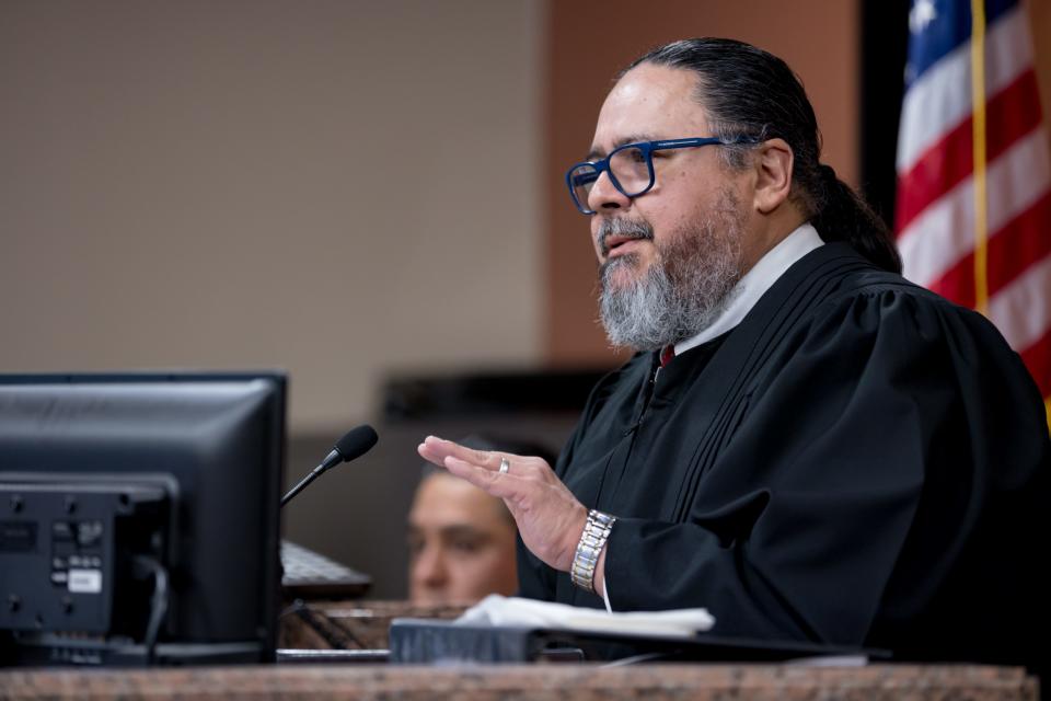 Judge Francisco Dominguez speaks during a motion hearing with in the 205th District Courtroom in El Paso, TX on Thursday, March 7, 2024.