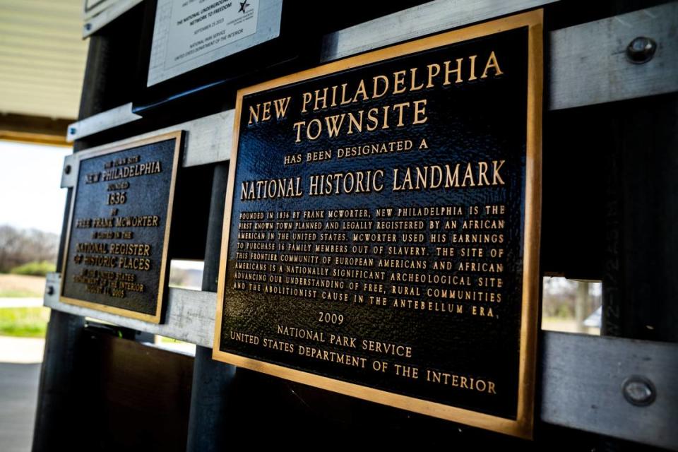 A marker from the U.S. National Park Service, pictured on Wednesday, April 12, 2023, designated New Philadelphia, Ill. in western Illinois, as a national historic landmark. Brian Munoz/Brian Munoz