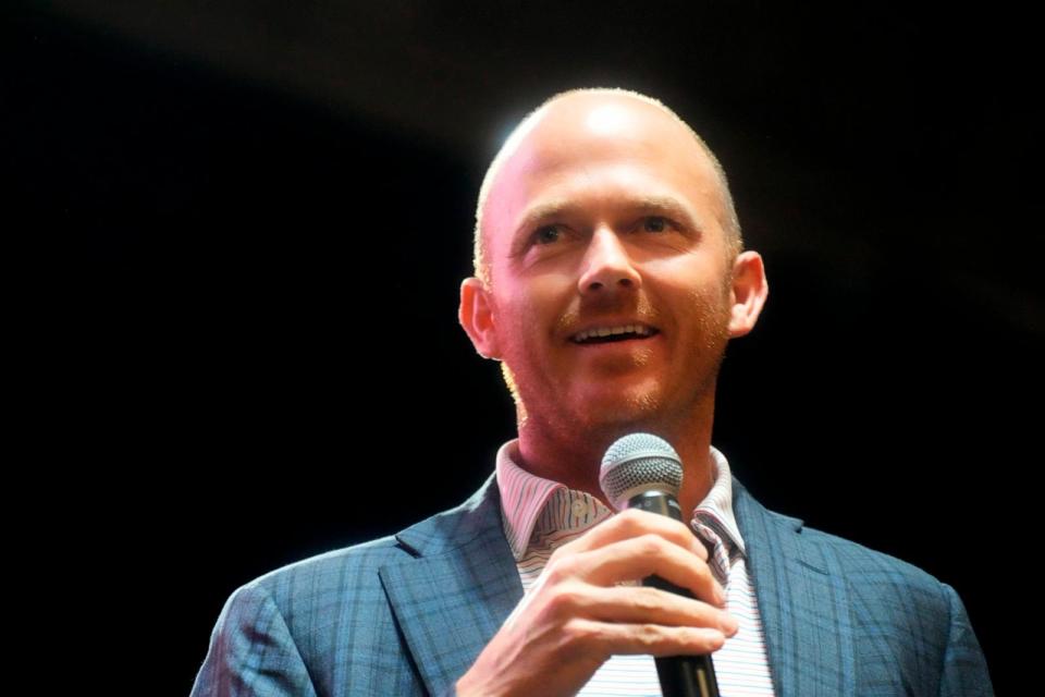 PHOTO: Rep. William Timmons speaks on Aug. 22, 2022, in Anderson, S.C. (Meg Kinnard/AP)